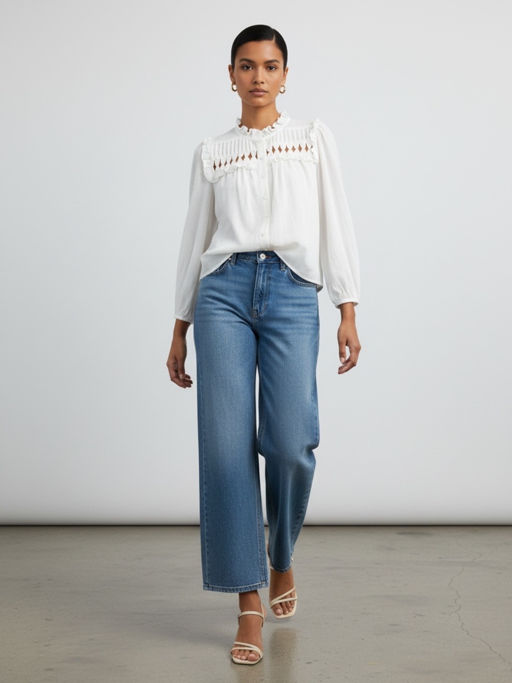 Women's White Ruffled Yoke Button-Front Blouse - Picture 4 of 10